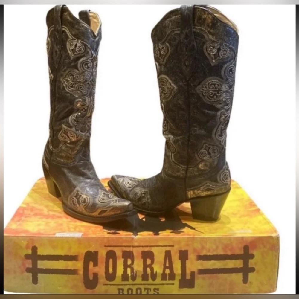 CORRAL WESTERN SNIP TOE DESTRESSED Black/Gray BOOTS Size 10
